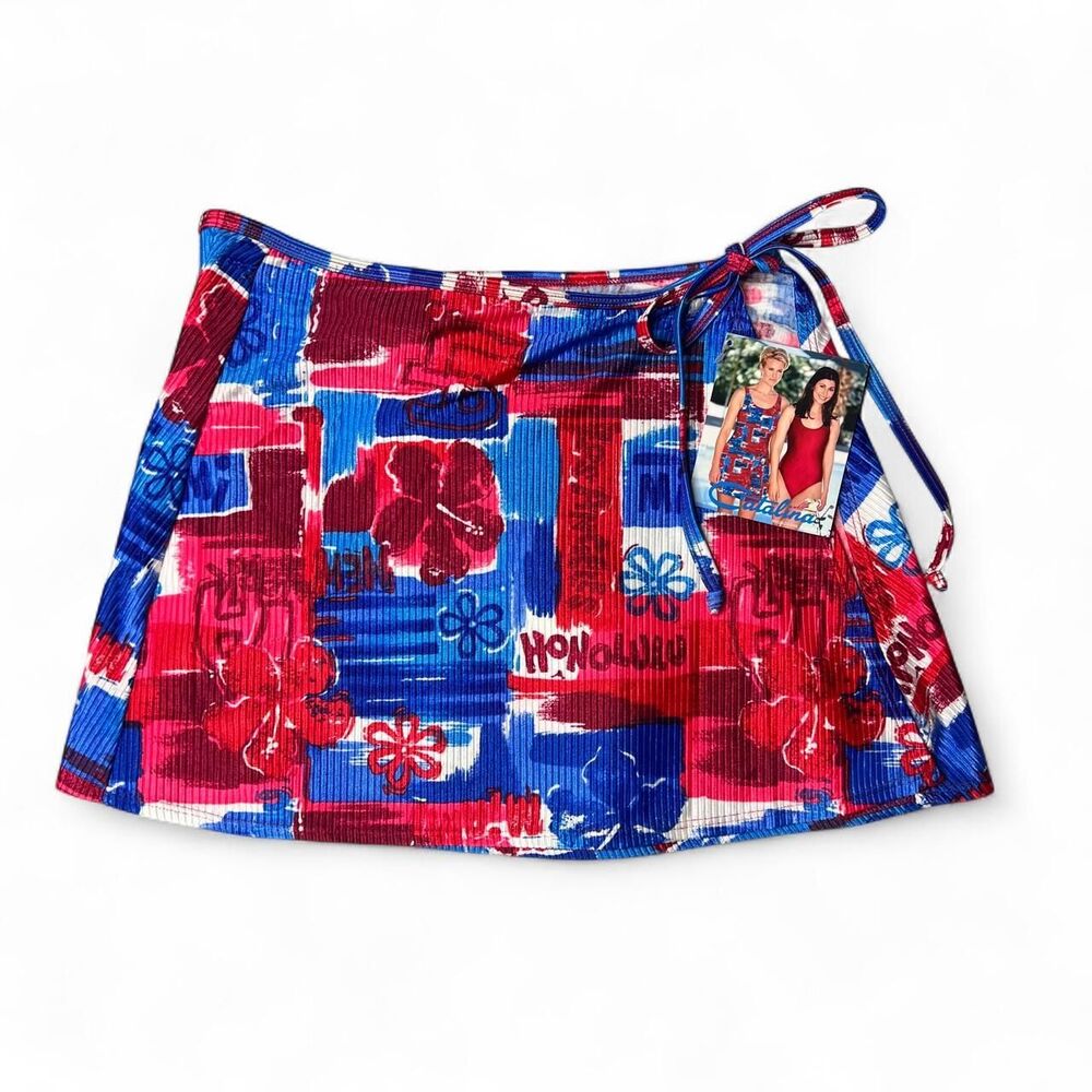 Y2K Catalina Red, Blue, and White Abstract Floral Swim Cover Up Mini Skirt